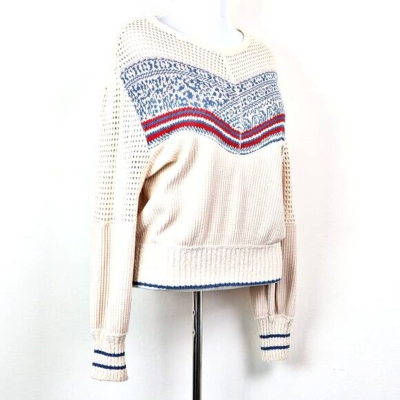 Free People Size M Geo Party Sweater Pullover Waffle Knit Ivory Blue Orange - Picture 8 of 11